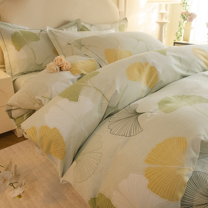 91家纺网 家纺一手货源 找家纺 磨毛世家家纺 2025新款生态四件套 银杏叶-绿