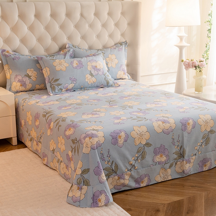 91家纺网 家纺一手货源 找家纺 磨毛世家家纺 2025新款生态四件套 珍妮花园-蓝