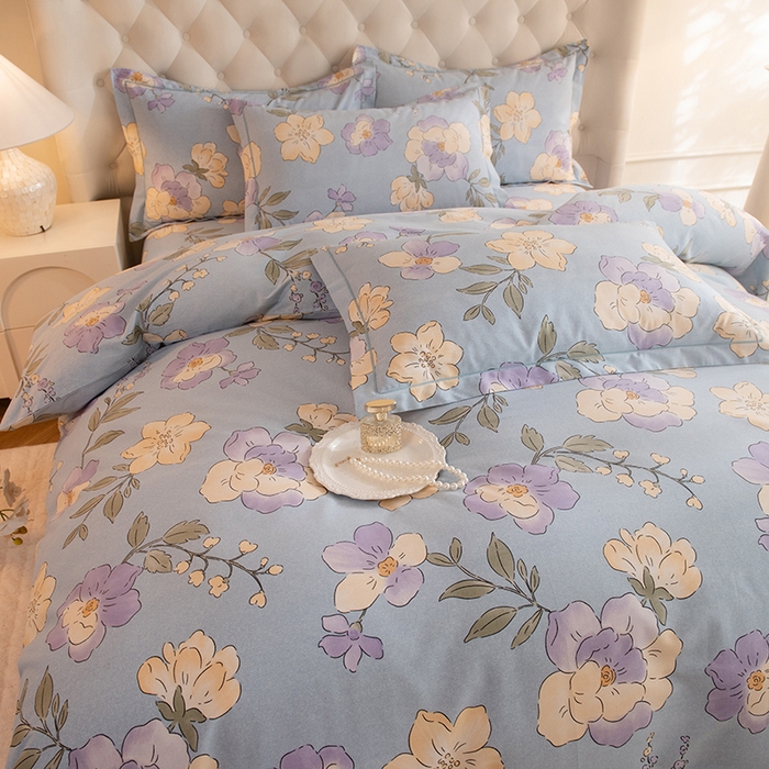 91家纺网 家纺一手货源 找家纺 磨毛世家家纺 2025新款生态四件套 珍妮花园-蓝