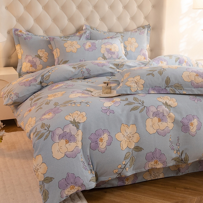 91家纺网 家纺一手货源 找家纺 磨毛世家家纺 2025新款生态四件套 珍妮花园-蓝