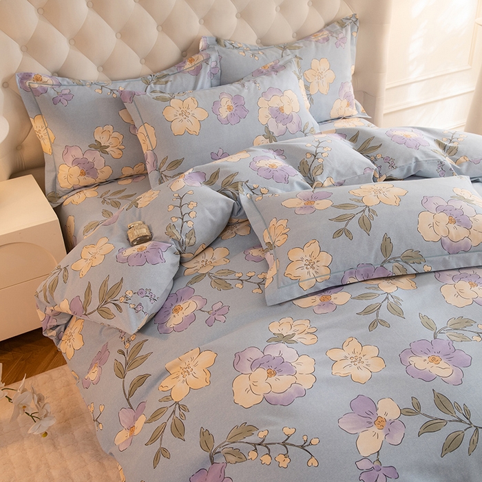 91家纺网 家纺一手货源 找家纺 磨毛世家家纺 2025新款生态四件套 珍妮花园-蓝