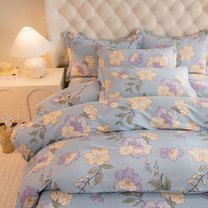 91家纺网 家纺一手货源 找家纺 磨毛世家家纺 2025新款生态四件套 珍妮花园-蓝