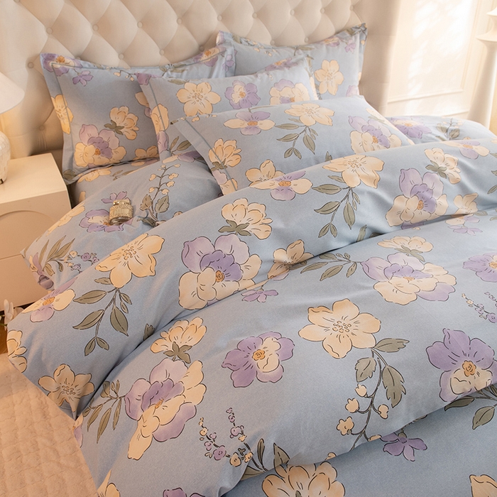 91家纺网 家纺一手货源 找家纺 磨毛世家家纺 2025新款生态四件套 珍妮花园-蓝