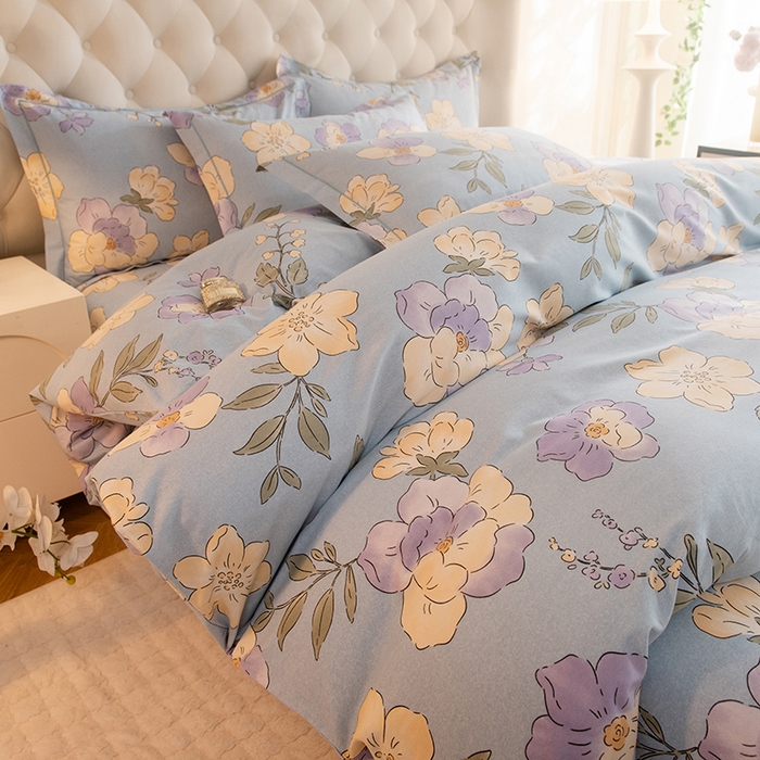 91家纺网 家纺一手货源 找家纺 磨毛世家家纺 2025新款生态四件套 珍妮花园-蓝