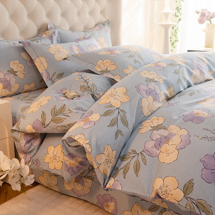 91家纺网 家纺一手货源 找家纺 磨毛世家家纺 2025新款生态四件套 珍妮花园-蓝