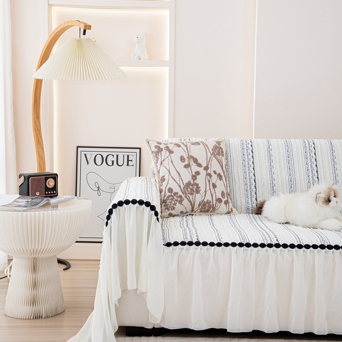 91家纺网 家纺一手货源 找家纺 （总）沐沐家纺 2026新款织织暮圆点沙发巾-场景一