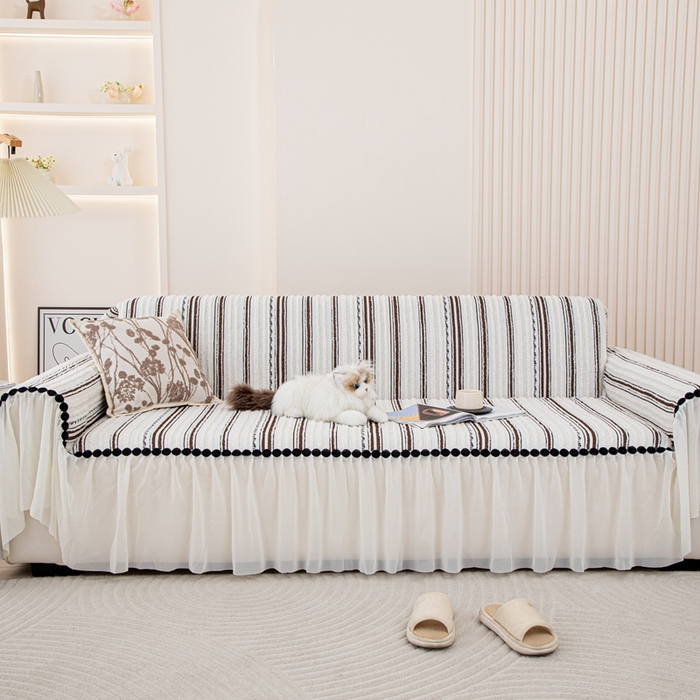 91家纺网 家纺一手货源 找家纺 沐沐家纺 2026新款织织暮圆点沙发巾-场景一 深咖