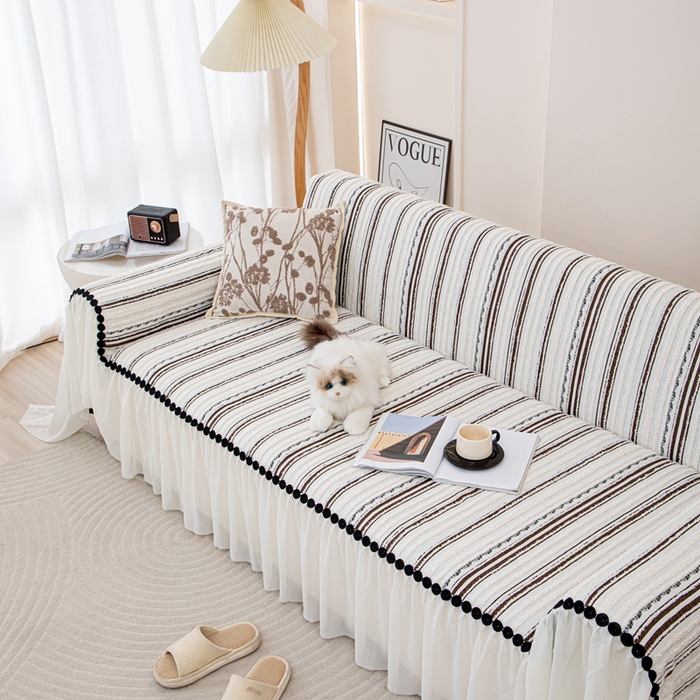 沐沐家纺 2026新款织织暮圆点沙发巾-场景一 深咖