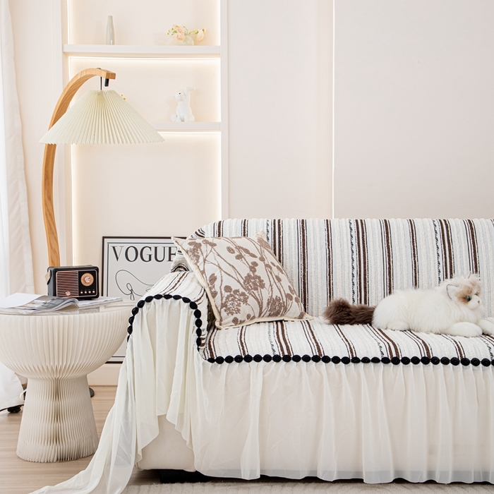 91家纺网 家纺一手货源 找家纺 沐沐家纺 2026新款织织暮圆点沙发巾-场景一 深咖