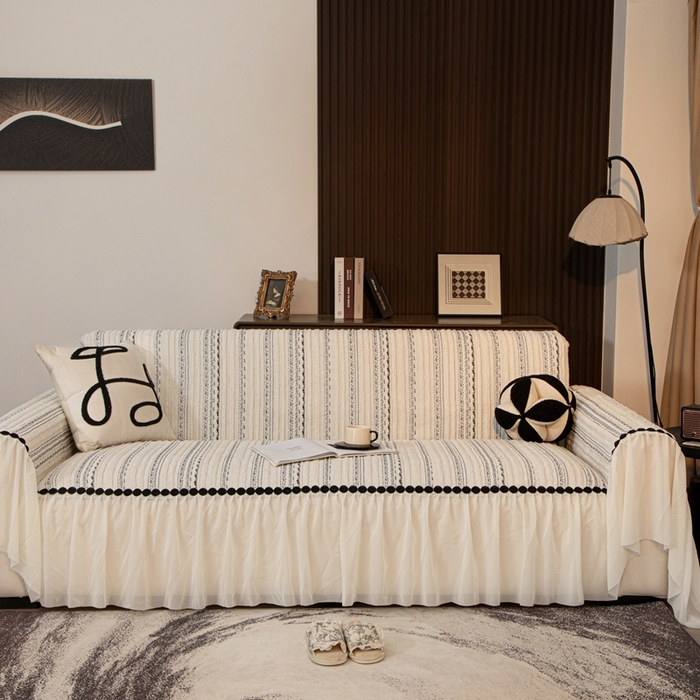 91家纺网 家纺一手货源 找家纺 沐沐家纺 2026新款织织暮圆点沙发巾-场景二 浅灰