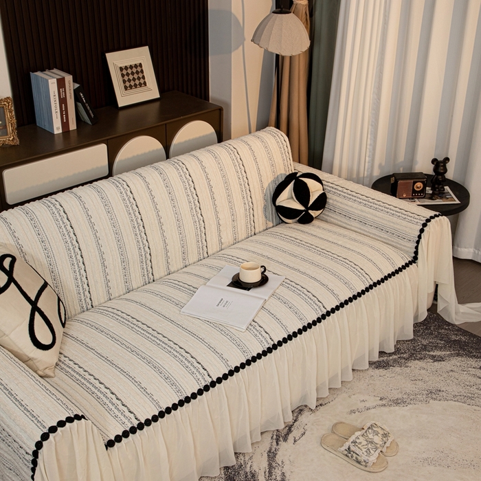 沐沐家纺 2026新款织织暮圆点沙发巾-场景二 浅灰