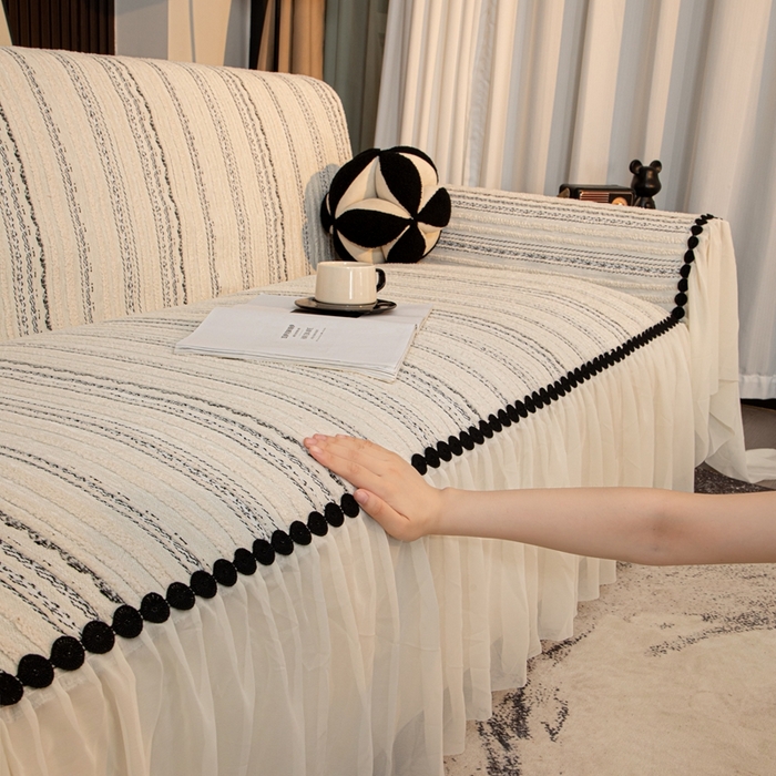 91家纺网 家纺一手货源 找家纺 沐沐家纺 2026新款织织暮圆点沙发巾-场景二 浅灰