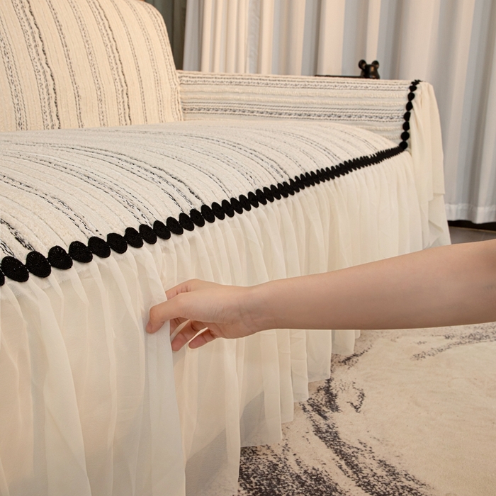 91家纺网 家纺一手货源 找家纺 沐沐家纺 2026新款织织暮圆点沙发巾-场景二 浅灰