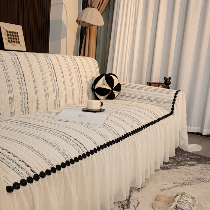 91家纺网 家纺一手货源 找家纺 沐沐家纺 2026新款织织暮圆点沙发巾-场景二 浅灰