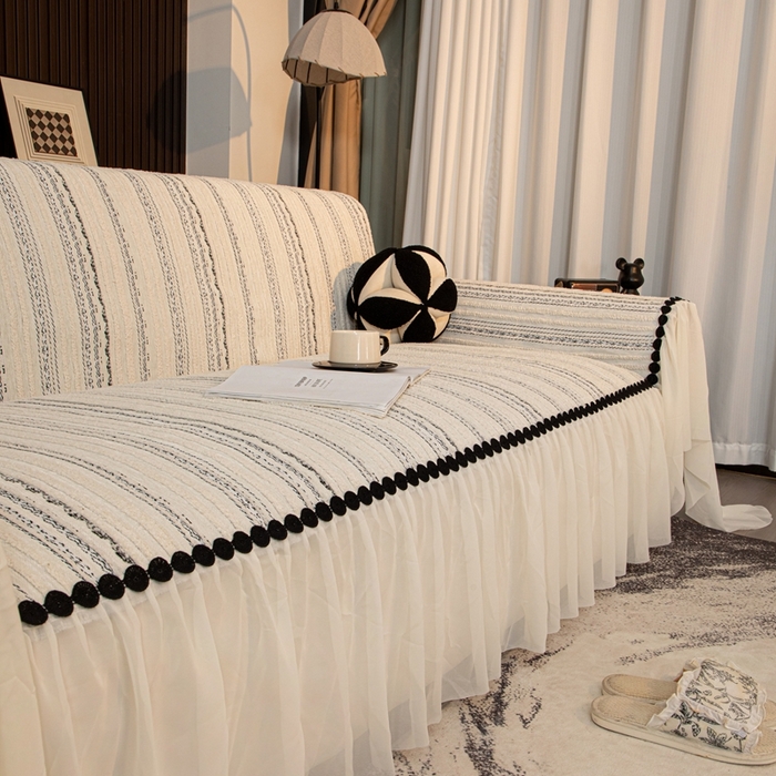 91家纺网 家纺一手货源 找家纺 沐沐家纺 2026新款织织暮圆点沙发巾-场景二 浅灰