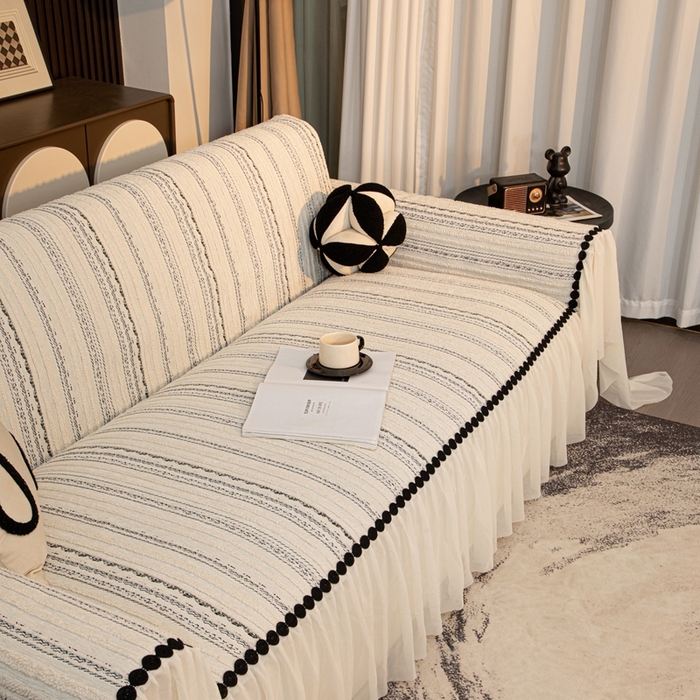 91家纺网 家纺一手货源 找家纺 沐沐家纺 2026新款织织暮圆点沙发巾-场景二 浅灰