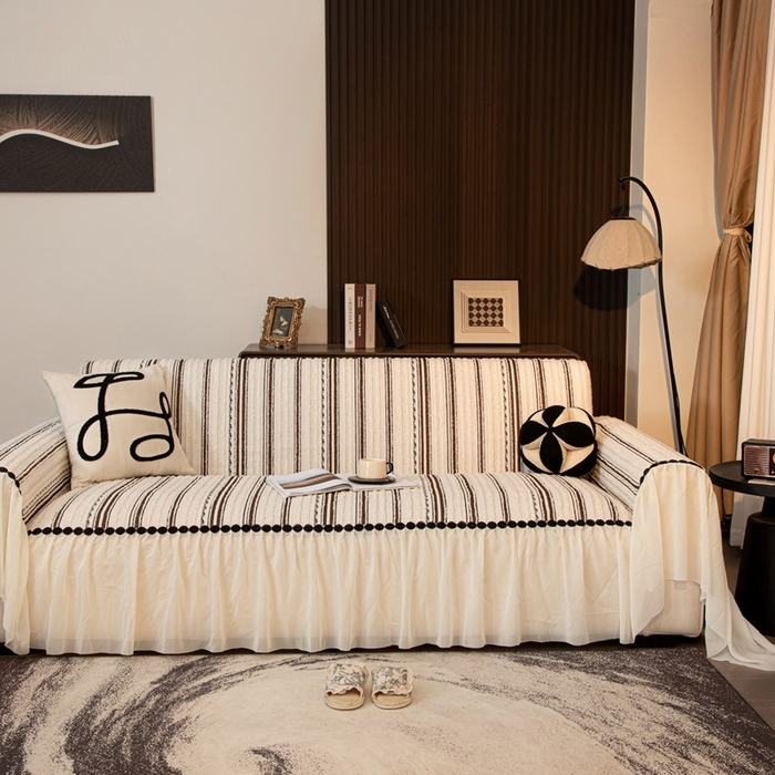 91家纺网 家纺一手货源 找家纺 沐沐家纺 2026新款织织暮圆点沙发巾-场景二 深咖