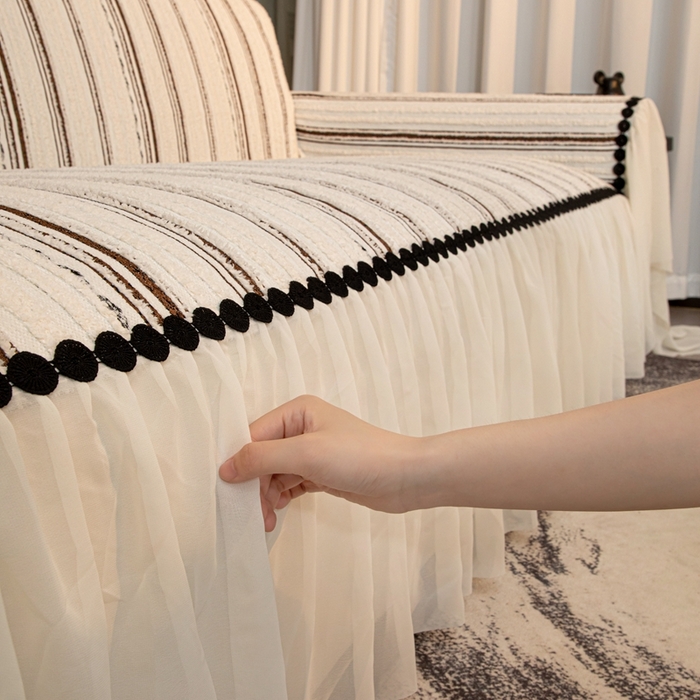 91家纺网 家纺一手货源 找家纺 沐沐家纺 2026新款织织暮圆点沙发巾-场景二 深咖