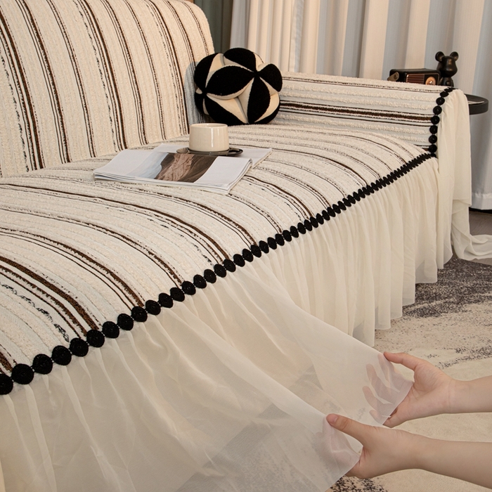 91家纺网 家纺一手货源 找家纺 沐沐家纺 2026新款织织暮圆点沙发巾-场景二 深咖