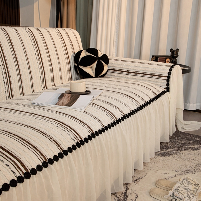 91家纺网 家纺一手货源 找家纺 沐沐家纺 2026新款织织暮圆点沙发巾-场景二 深咖