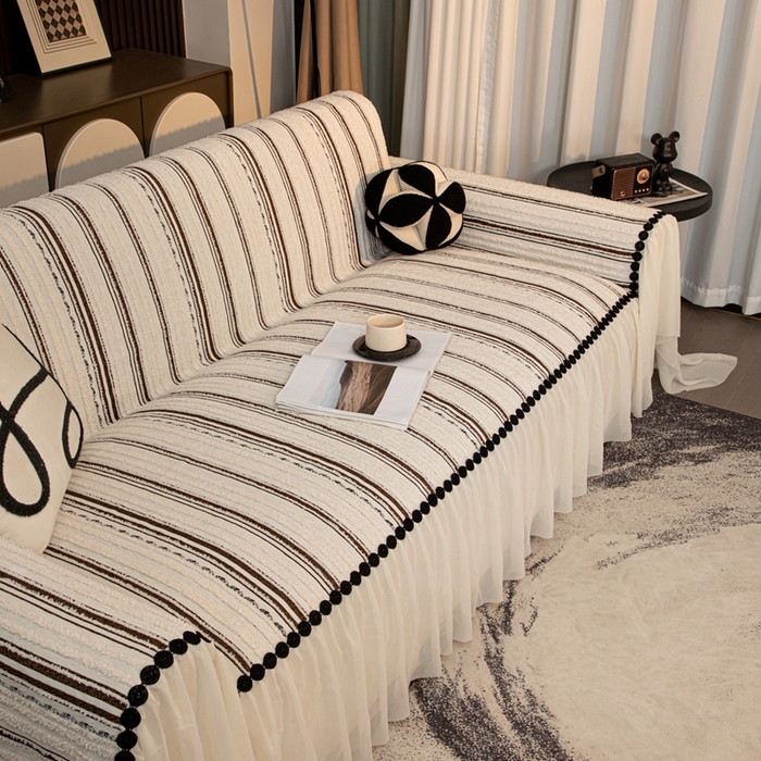 91家纺网 家纺一手货源 找家纺 沐沐家纺 2026新款织织暮圆点沙发巾-场景二 深咖