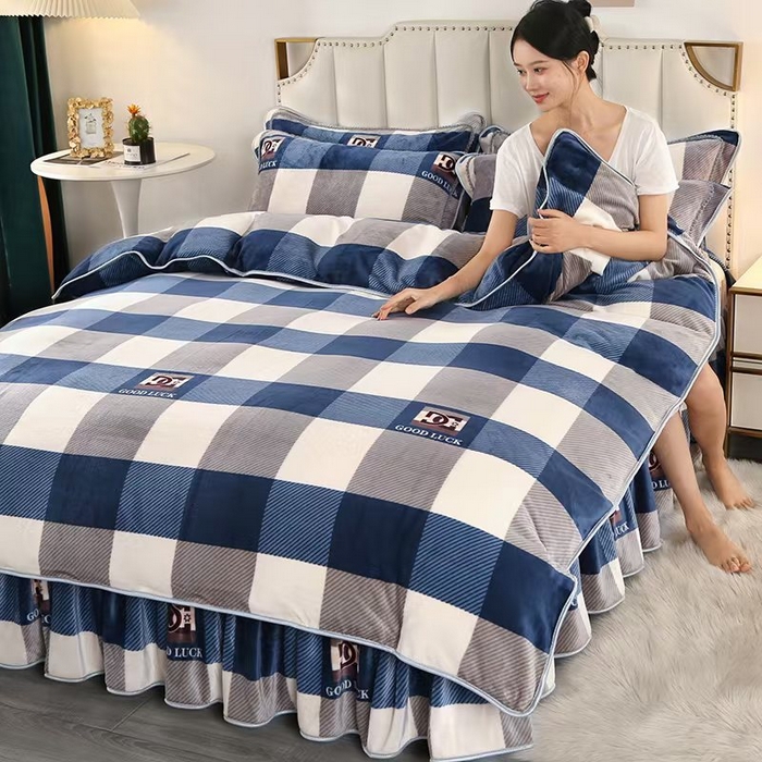 绒品壹家家纺 2024新款180g7斤牛奶绒印花单被套 蓝格子