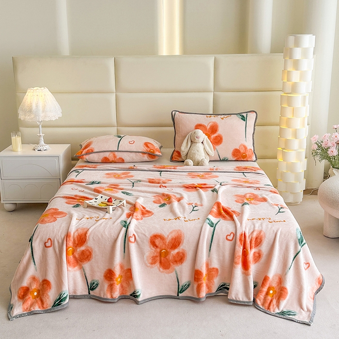 欧喜璐 2025新款卡通印花加厚牛奶绒多功能毛毯 萱花