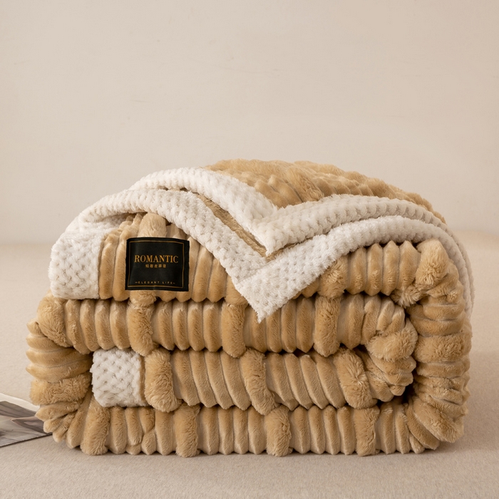 91家纺网 家纺一手货源 找家纺 （总）宜派家纺 2025新款A类兔毛绒子母条毛毯双面云朵绒毛毯宿舍牛奶绒小被毯轻奢时尚加厚保暖盖毯休闲绒毯毯子