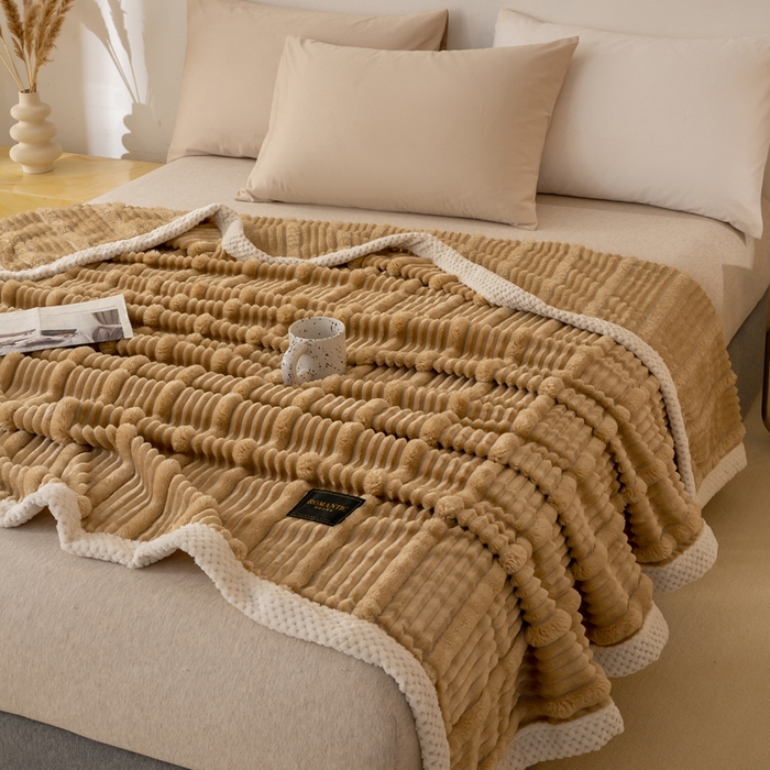 91家纺网 家纺一手货源 找家纺 宜派家纺 2025新款A类兔毛绒子母条毛毯双面云朵绒毛毯宿舍牛奶绒小被毯轻奢时尚加厚保暖盖毯休闲绒毯毯子 暖糖咖