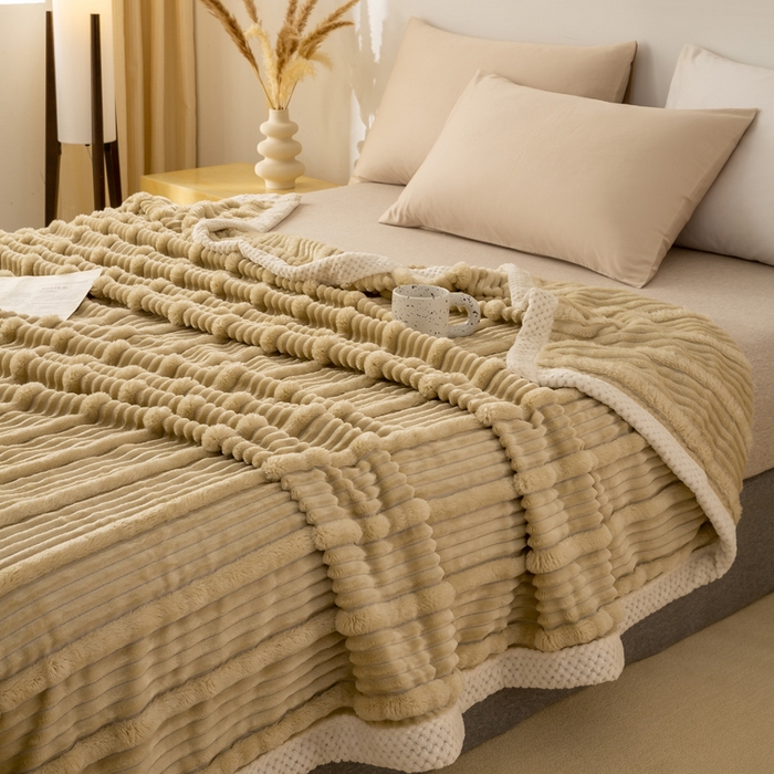 91家纺网 家纺一手货源 找家纺 宜派家纺 2025新款A类兔毛绒子母条毛毯双面云朵绒毛毯宿舍牛奶绒小被毯轻奢时尚加厚保暖盖毯休闲绒毯毯子 摩卡棕