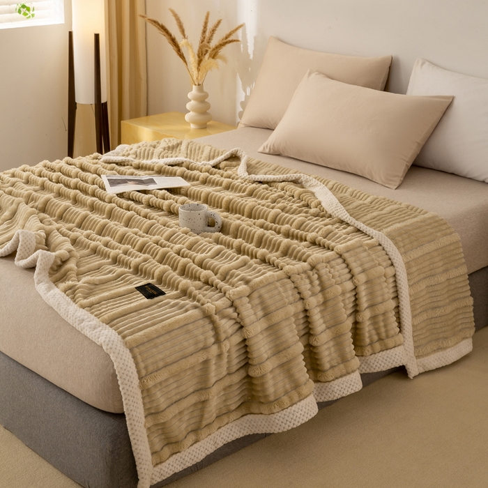 91家纺网 家纺一手货源 找家纺 宜派家纺 2025新款A类兔毛绒子母条毛毯双面云朵绒毛毯宿舍牛奶绒小被毯轻奢时尚加厚保暖盖毯休闲绒毯毯子 摩卡棕