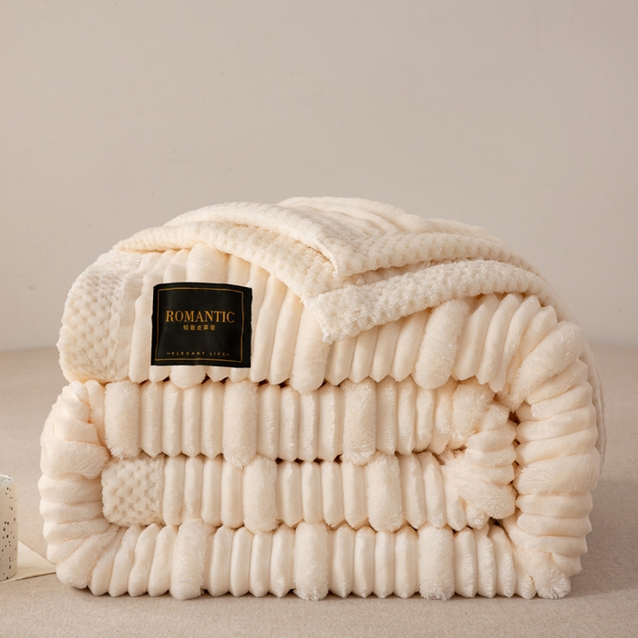 宜派家纺 2025新款A类兔毛绒子母条毛毯双面云朵绒毛毯宿舍牛奶绒小被毯轻奢时尚加厚保暖盖毯休闲绒毯毯子 云朵白