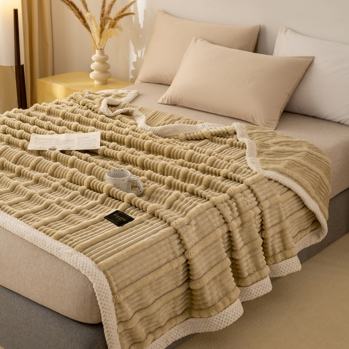 91家纺网 家纺一手货源 找家纺 宜派家纺 2025新款A类兔毛绒子母条毛毯双面云朵绒毛毯宿舍牛奶绒小被毯轻奢时尚加厚保暖盖毯休闲绒毯毯子 摩卡棕