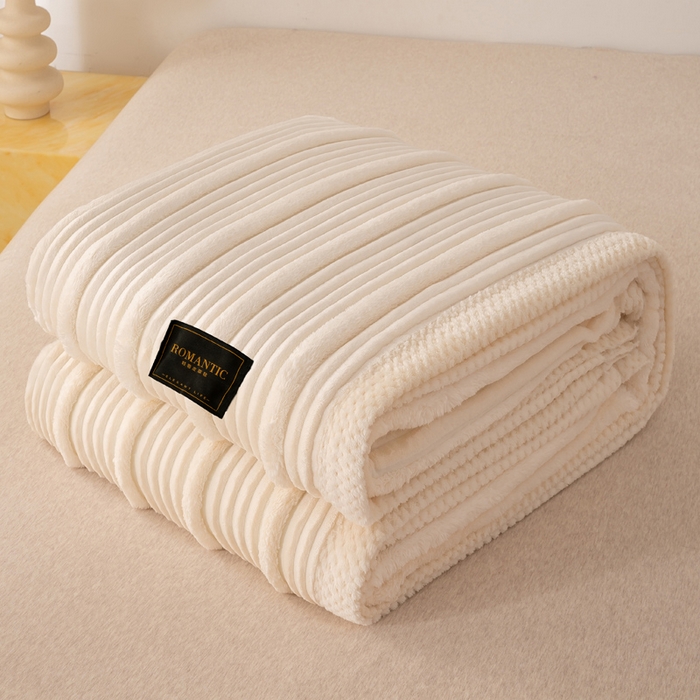 91家纺网 家纺一手货源 找家纺 宜派家纺 2025新款A类兔毛绒子母条毛毯双面云朵绒毛毯宿舍牛奶绒小被毯轻奢时尚加厚保暖盖毯休闲绒毯毯子 云朵白