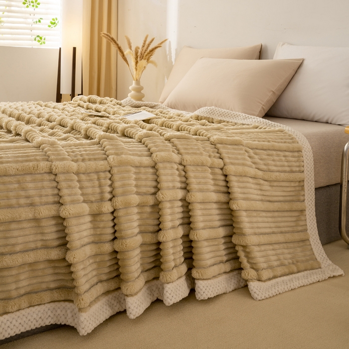 91家纺网 家纺一手货源 找家纺 宜派家纺 2025新款A类兔毛绒子母条毛毯双面云朵绒毛毯宿舍牛奶绒小被毯轻奢时尚加厚保暖盖毯休闲绒毯毯子 摩卡棕