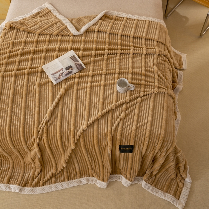 91家纺网 家纺一手货源 找家纺 宜派家纺 2025新款A类兔毛绒子母条毛毯双面云朵绒毛毯宿舍牛奶绒小被毯轻奢时尚加厚保暖盖毯休闲绒毯毯子 暖糖咖