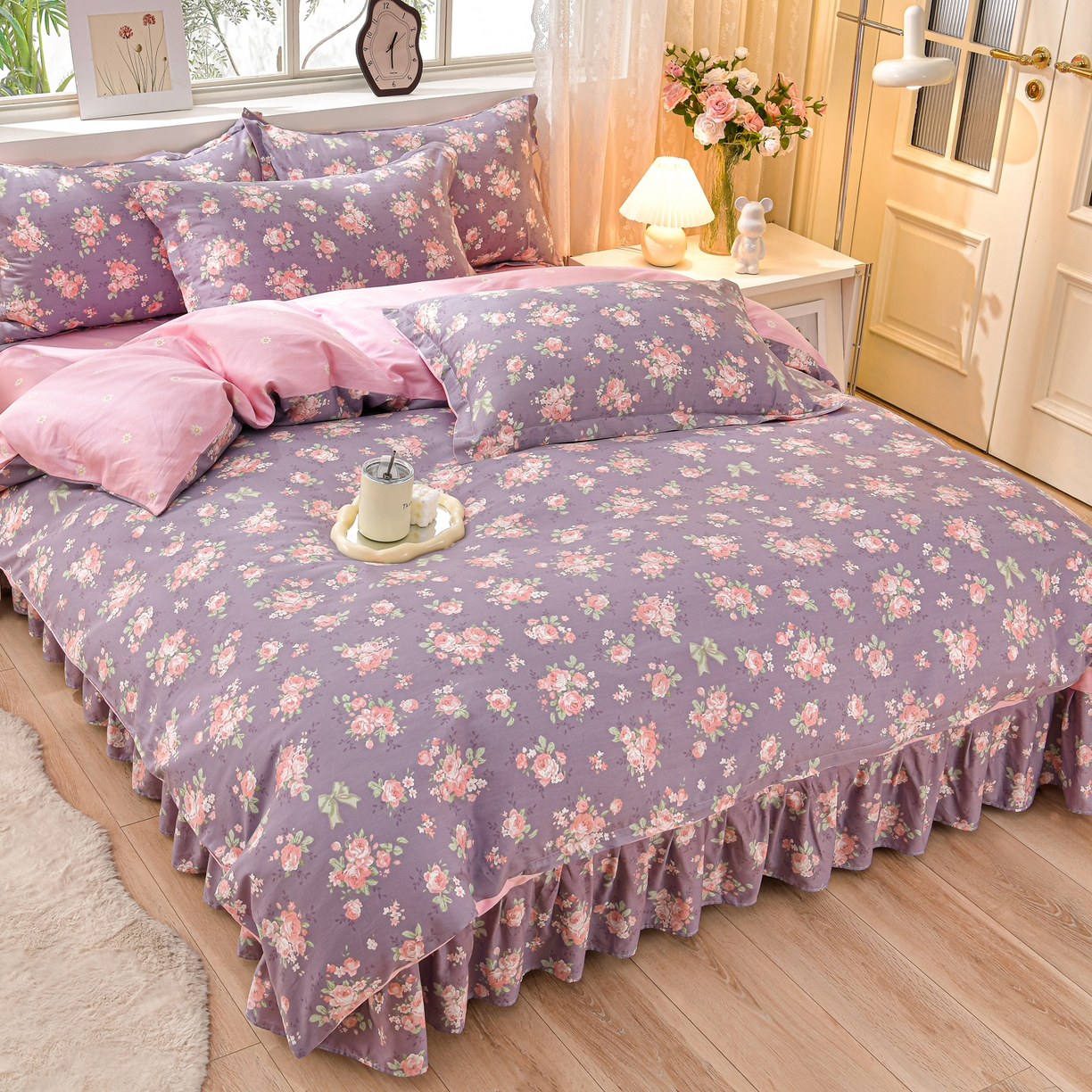 绘萱家居 2025新款100%全棉床裙款斜纹印花四件套 紫霞仙子