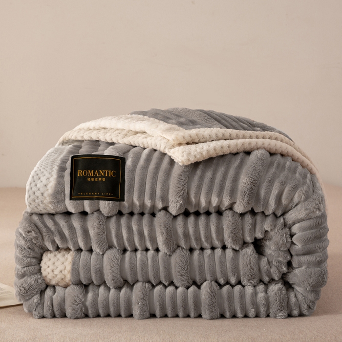 91家纺网 家纺一手货源 找家纺 （总）宜派家纺 2025新款A类兔毛绒子母条毛毯双面云朵绒毛毯宿舍牛奶绒小被毯轻奢时尚加厚保暖盖毯休闲绒毯毯子