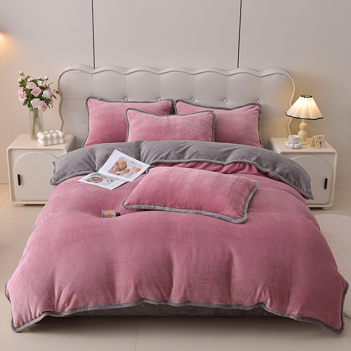 91家纺网 家纺一手货源 找家纺 云恋家纺 加厚牛奶绒四件套简约双面加绒被套罩床单双人家用冬季法兰绒--简约款 简约-豆沙灰