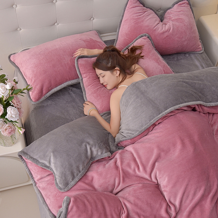 91家纺网 家纺一手货源 找家纺 云恋家纺 加厚牛奶绒四件套简约双面加绒被套罩床单双人家用冬季法兰绒--简约款 简约-豆沙灰