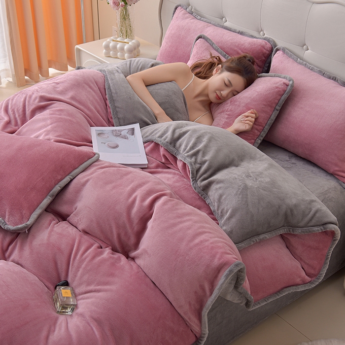 91家纺网 家纺一手货源 找家纺 云恋家纺 加厚牛奶绒四件套简约双面加绒被套罩床单双人家用冬季法兰绒--简约款 简约-豆沙灰