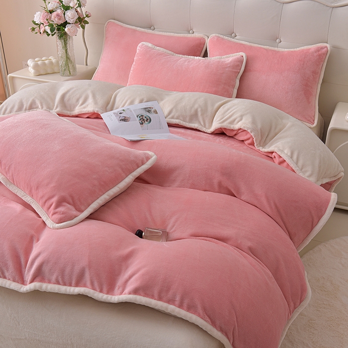 91家纺网 家纺一手货源 找家纺 云恋家纺 加厚牛奶绒四件套简约双面加绒被套罩床单双人家用冬季法兰绒--简约款 简约-粉拼米