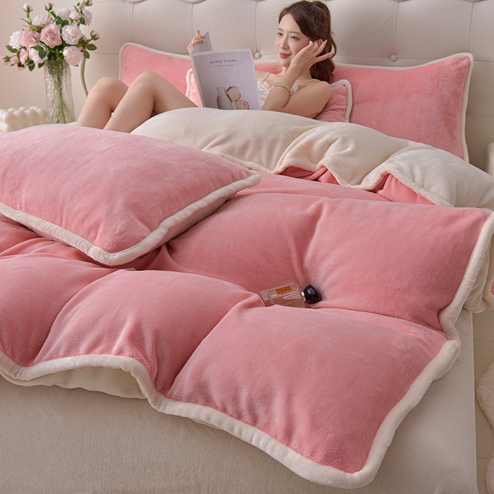 91家纺网 家纺一手货源 找家纺 云恋家纺 加厚牛奶绒四件套简约双面加绒被套罩床单双人家用冬季法兰绒--简约款 简约-粉拼米