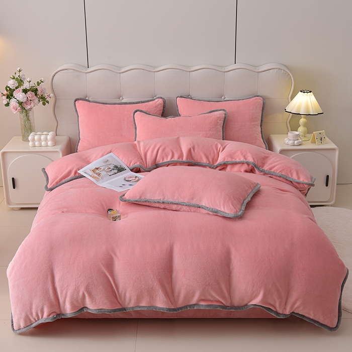 91家纺网 家纺一手货源 找家纺 云恋家纺 加厚牛奶绒四件套简约双面加绒被套罩床单双人家用冬季法兰绒--简约款 简约-粉色