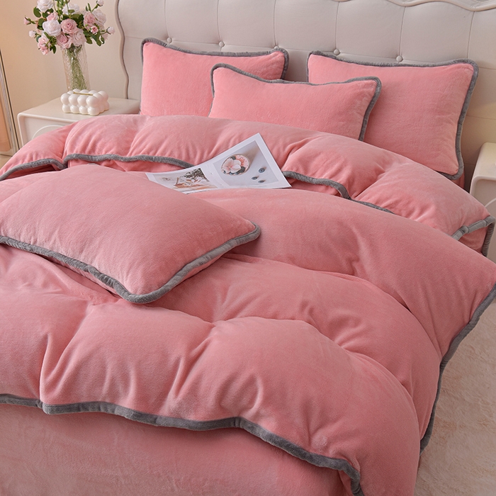 91家纺网 家纺一手货源 找家纺 云恋家纺 加厚牛奶绒四件套简约双面加绒被套罩床单双人家用冬季法兰绒--简约款 简约-粉色