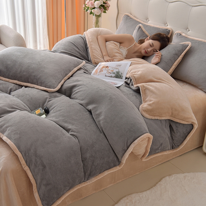 云恋家纺 加厚牛奶绒四件套简约双面加绒被套罩床单双人家用冬季法兰绒--简约款 简约-灰拼金
