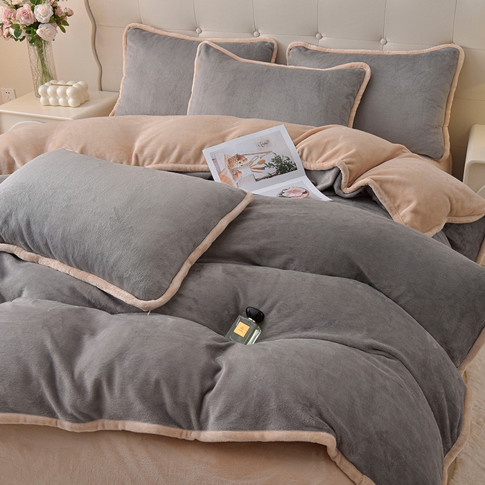 91家纺网 家纺一手货源 找家纺 云恋家纺 加厚牛奶绒四件套简约双面加绒被套罩床单双人家用冬季法兰绒--简约款 简约-灰拼金