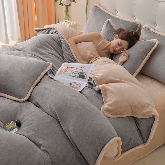 91家纺网 家纺一手货源 找家纺 云恋家纺 加厚牛奶绒四件套简约双面加绒被套罩床单双人家用冬季法兰绒--简约款 简约-灰拼金