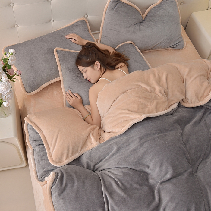 91家纺网 家纺一手货源 找家纺 云恋家纺 加厚牛奶绒四件套简约双面加绒被套罩床单双人家用冬季法兰绒--简约款 简约-灰拼金