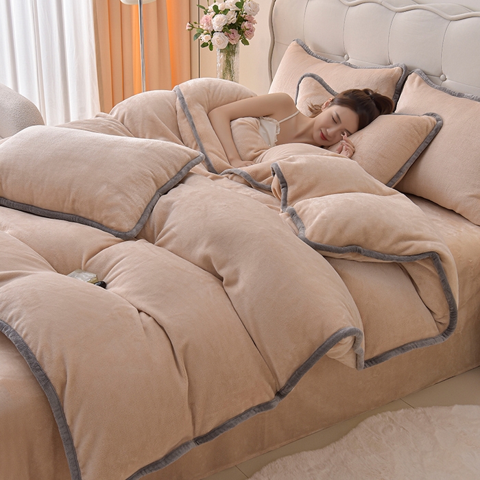 云恋家纺 加厚牛奶绒四件套简约双面加绒被套罩床单双人家用冬季法兰绒--简约款 简约-金色